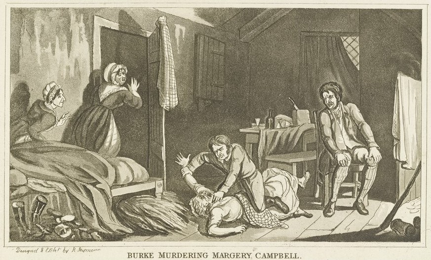 Idealised etching of Burke murdering Margaret Docherty (also known as Margery Campbell) by Robert Seymour, 1829 https://en.wikipedia.org/wiki/Burke_and_Hare_murders