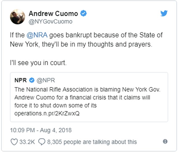 Die Waffen-Lobby der USA fürchtet, bankrott zu gehen
Hehe, endlich mal ein zynischer &quot;Thoughts and prayers...&quot;-Spruch, mit dem man für einmal sehr gut leben kann. :-) Noch im Original: