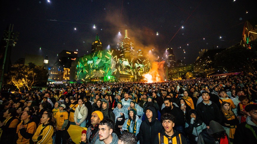August 12, 2023, Melbourne, Victoria, Australia: MELBOURNE, AUSTRALIA - AUGUST 12: General view of the Melbourne Fan Festival with capacity crowd watching Australian Matildas vs France Les Bleus at th ...