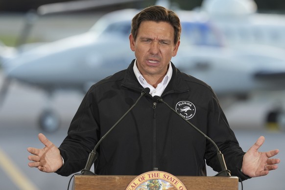 Florida Gov. Ron DeSantis speaks during a press conference on immigration enforcement at a U.S. Customs and Border Protection hangar on Homestead Air Force Base, Wednesday, Feb. 26, 2025, in Homestead ...