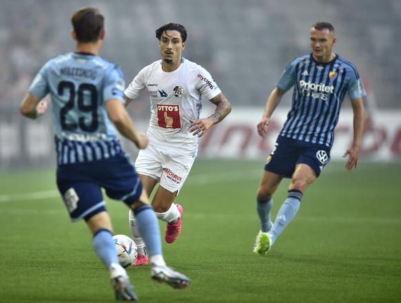 epa10772184 Luzern&#039;s Kevin Spadanuda (C) in action during the UEFA Europa Conference League, second qualifying round first leg match, between Djurgardens IF and FC Luzern at Stockholm Arena in St ...