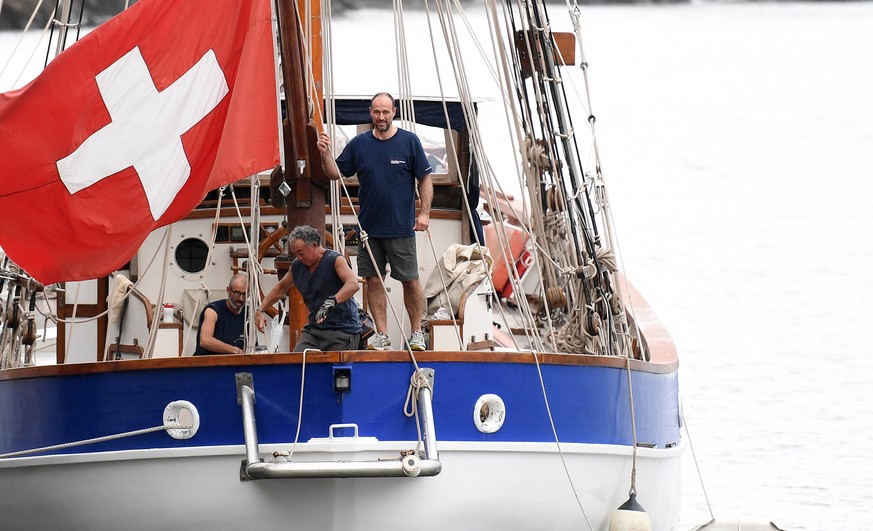 epa05862563 Pietro Godenzi (R), skipper of Swiss research vessel Fleur de Passion, poses for a portrait on the boat in Brisbane, Australia, 22 March 2017. The 33 meter-long sailboat departs next week  ...