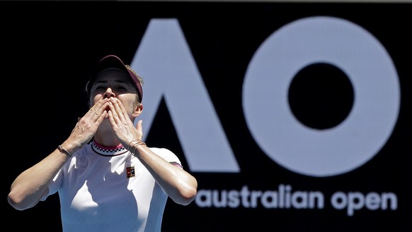 Ukraine&#039;s Elina Svitolina celebrates after defeating United States&#039; Madison Keys during their fourth round match at the Australian Open tennis championships in Melbourne, Australia, Monday,  ...