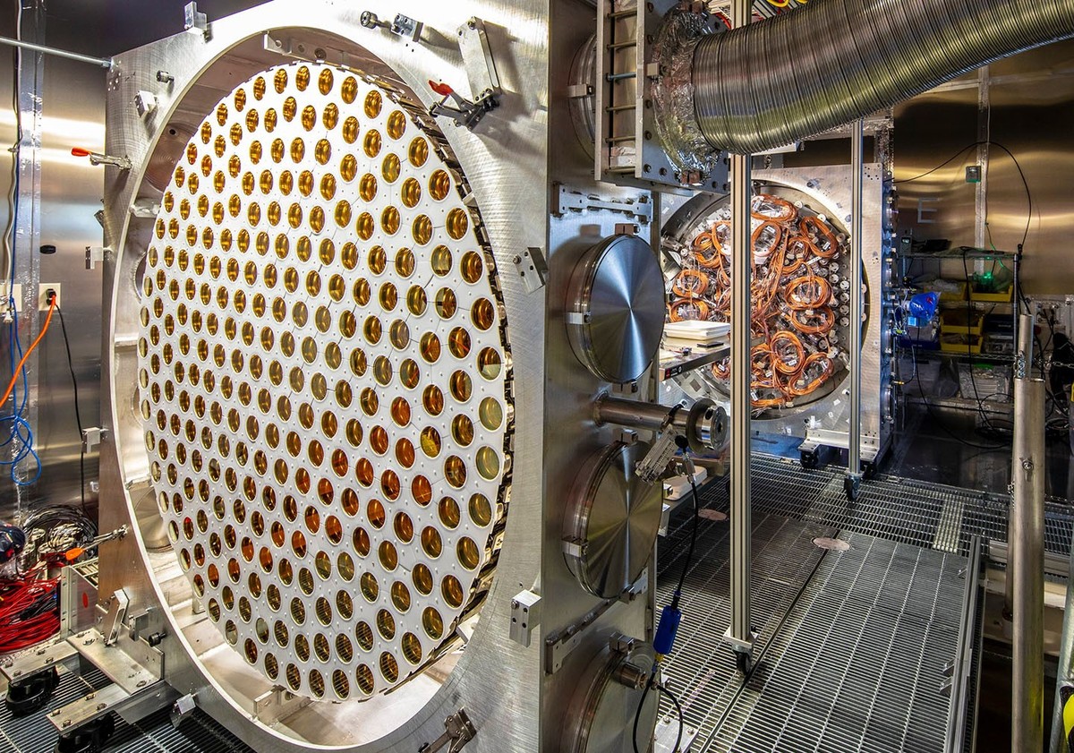 To search for dark matter, LZ uses photomultiplier tubes (shown here before installation in the detector) to capture light from particle interactions.
https://newscenter.lbl.gov/2026/09/01/lz-sees-sur ...