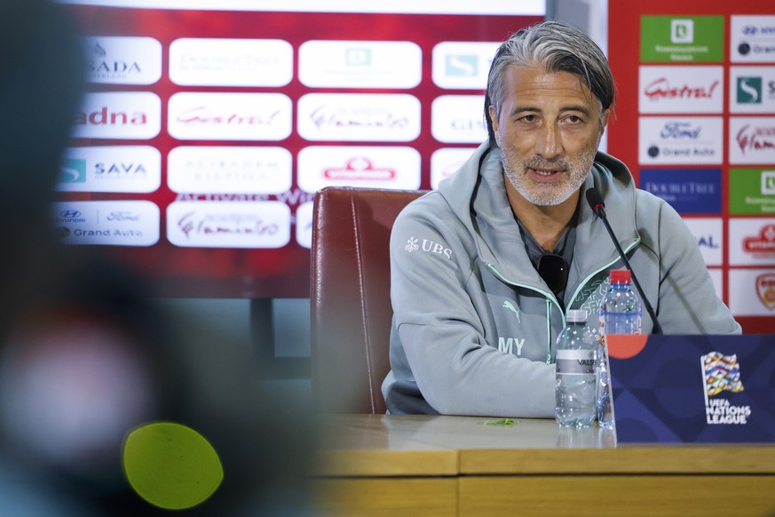 Switzerland's head coach Murat Yakin speaks during a press conference one day ahead of the UEFA Nations League soccer match between North Macedonia and Switzerland at the Tose Proeski National Ar ...