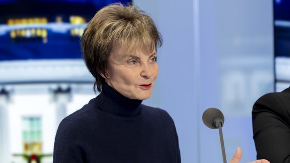 Former Swiss President Micheline Calmy-Rey makes her remark on the US Presidential results during a panel on the set of the Leman Bleu television in Geneva, Switzerland, Wednesday, November 6, 2024. ( ...