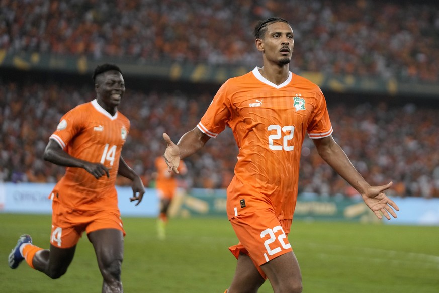 Ivory Coast &#039;s Sebastien Haller celebrates after scoring his side&#039;s second goal during the African Cup of Nations final soccer match between Ivory Nigeria and Coast, at the Olympic Stadium o ...