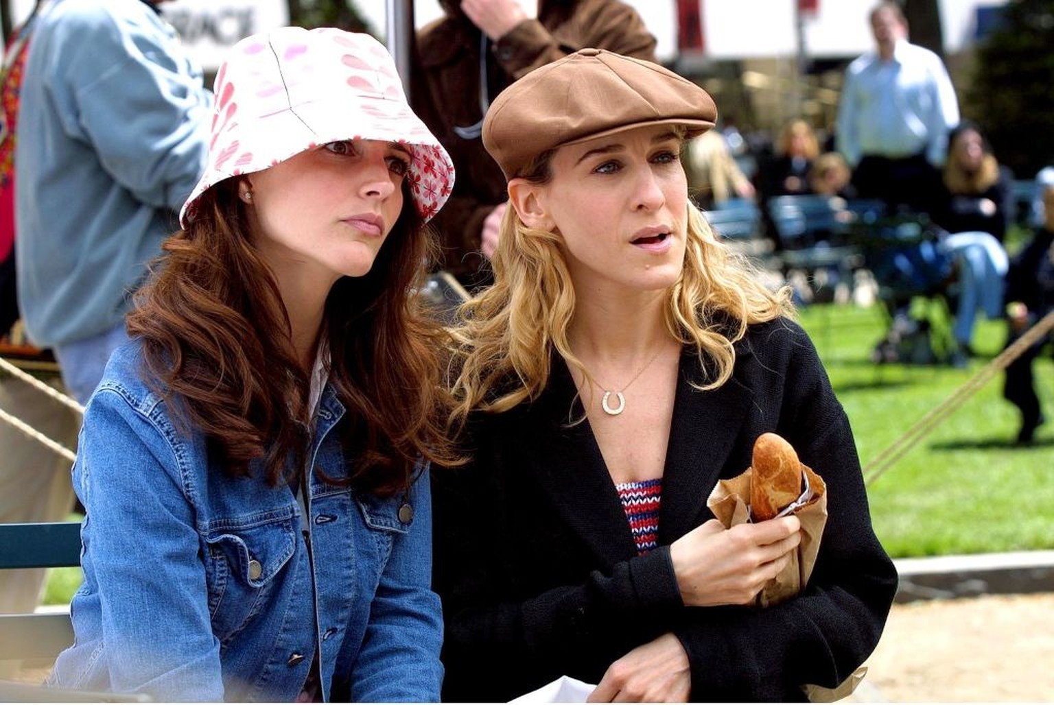 Kristin Davis, as Charlotte York, and Sarah Jessica Parker, as Carrie Bradshaw, seen on Location For &quot;Sex and the City&quot; on May 08, 2001 at Central Park in New York City, New York, United Sta ...