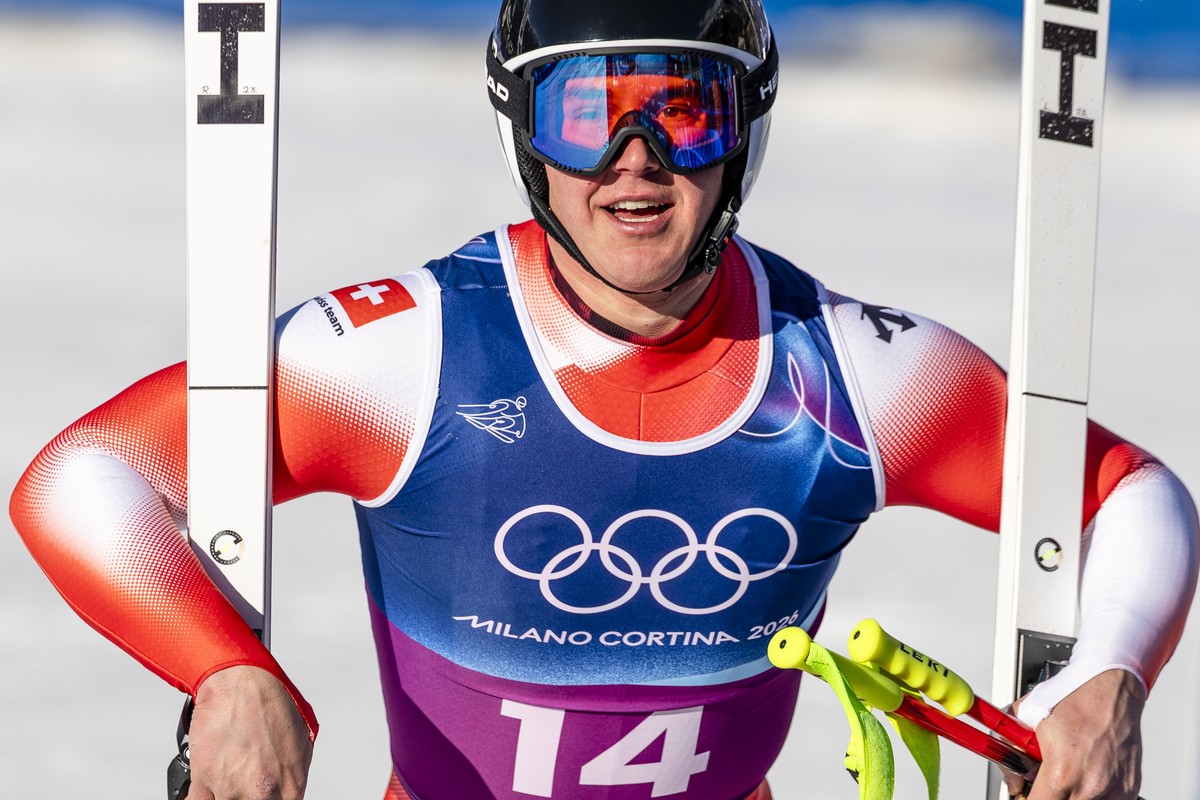 KEYPIX - Switzerland's Franjo von Allmen reacts in the finish area during the men's alpine skiing team combined downhill race at the 2026 Olympic Winter Games at the Stelvio Ski centre in Bo ...