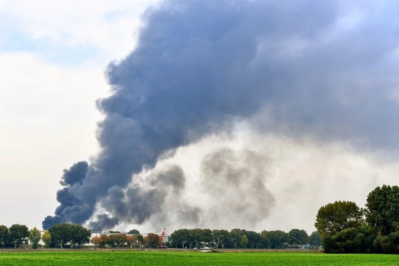 epa05588779 A dark cloud of smoke rises from the compound of the BASF company in Ludwigshafen, Germany, 17 October 2016. Several people have been injured in an explosion on the chemical company&#039;s ...