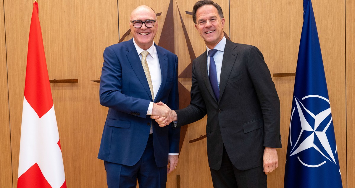 HANDOUT - NATO Secretary General Mark Rutte meets with Martin Pfister, Head of the Federal Department of Defence, Civil Protection and Sport of Switzerland at NATO Headquarters in Brussels, Belgium, o ...