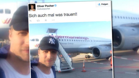 Pochers Selfie vor einer Germanwings-Maschine. Der Original-Tweet existiert nicht mehr.