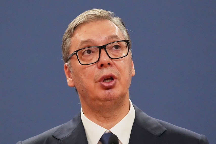 FILE -Serbian President Aleksandar Vucic speaks during a press conference at the Serbia Palace in Belgrade, Serbia, Saturday, Aug. 8, 2026. (AP Photo/Darko Vojinovic, File)
Aleksandar Vucic
