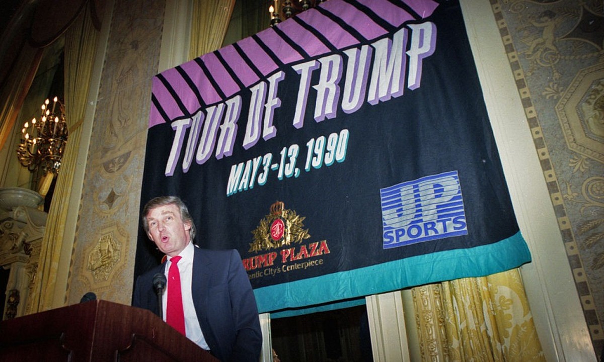 Billionaire Donald Trump at news conference at the DuPont Plaza in Wilmington Delaware, promoting his "Tour de Trump" bicycle race to be held in May. Trump commented on the upcoming Tyson-Do ...