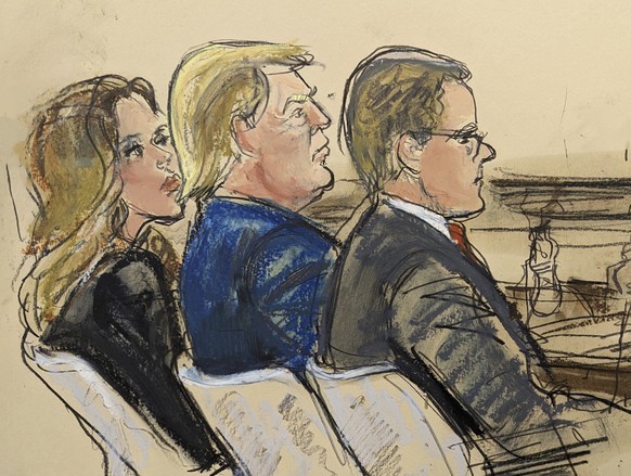This courtroom sketch shows defendant former President Donald Trump, center, seated between his lawyers Alina Habba, left, and Christopher Kise, right, during his fraud lawsuit trial, Monday, Oct. 2,  ...