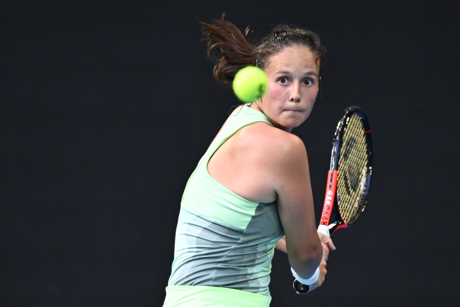 epa11086608 Daria Kasatkina of Russia in action during her second round match against Sloane Stephens of the USA on Day 5 of the 2024 Australian Open at Melbourne Park in Melbourne, Australia, 18 Janu ...