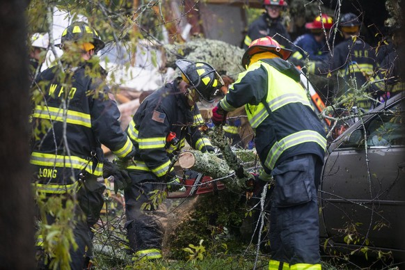epa07020305 Rescue workers attempt to remove a giant tree that toppled onto a house and killed two people and injures a third when Hurricane Florence came ashore in Wilmington, North Carolina USA, 14  ...