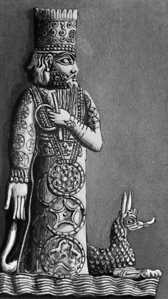Marduk – Stadtgott von Babylon und später Hauptgott des babylonischen Pantheons – mit seinem Schlangendrachen Mušḫuššu; Zeichnung nach einem babylonischen Rollsiegel, ca. 9. Jh. v. Chr.