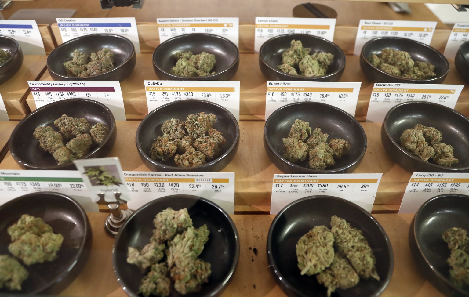 epa06412914 Cannabis samples on display at the Harborside cannabis dispensary in Oakland, California, USA, 01 January 2018. In November 2016, California voters legalized recreational marijuana for adu ...