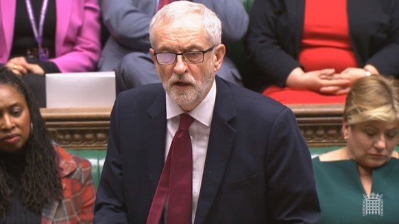 epa08077283 A grab from a handout video made available by the UK Parliamentary Recording Unit shows Labour leader Jeremy Corbyn speaking at the House of Commons, in London, Britain, 17 December 2019.  ...