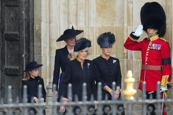 Camilla, the Queen Consort, and Kate, Princess of Wales leave after the funeral service for Queen Elizabeth II at Westminster Abbey in central London, Monday, Sept. 19, 2022. The Queen, who died aged  ...