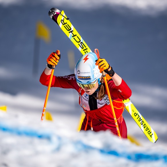 epa11944626 Marianne Fatton of Switzerland in action during the Women's Sprint race at the ISMF Ski Mountaineering World Championships, in Morgins, Switzerland, 06 March 2025. EPA/MAXIME SCHMID E ...