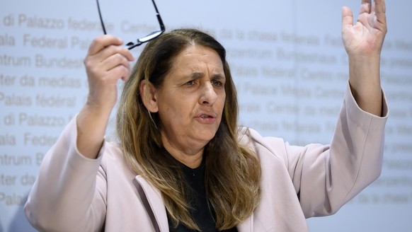 Jacqueline Badran, Nationalraetin SP (ZH), Vize-Praesidentin SP Schweiz, spricht waehrend einer Medienkonferenz der ueberparteilichen Allianz fuer ein Nein zum Stempelsteuer-Bschiss, am Mittwoch, 22.  ...