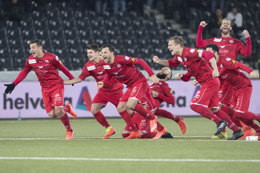 Winterthurs Spieler um Guillaume Katz, 3. von links, jubeln nach dem Sieg im Schweizer Cup 1/4-Final Spiel zwischen dem BSC Young Boys Bern und dem FC Winterthur, am Mittwoch, 1. Maerz 2017 im Stade d ...