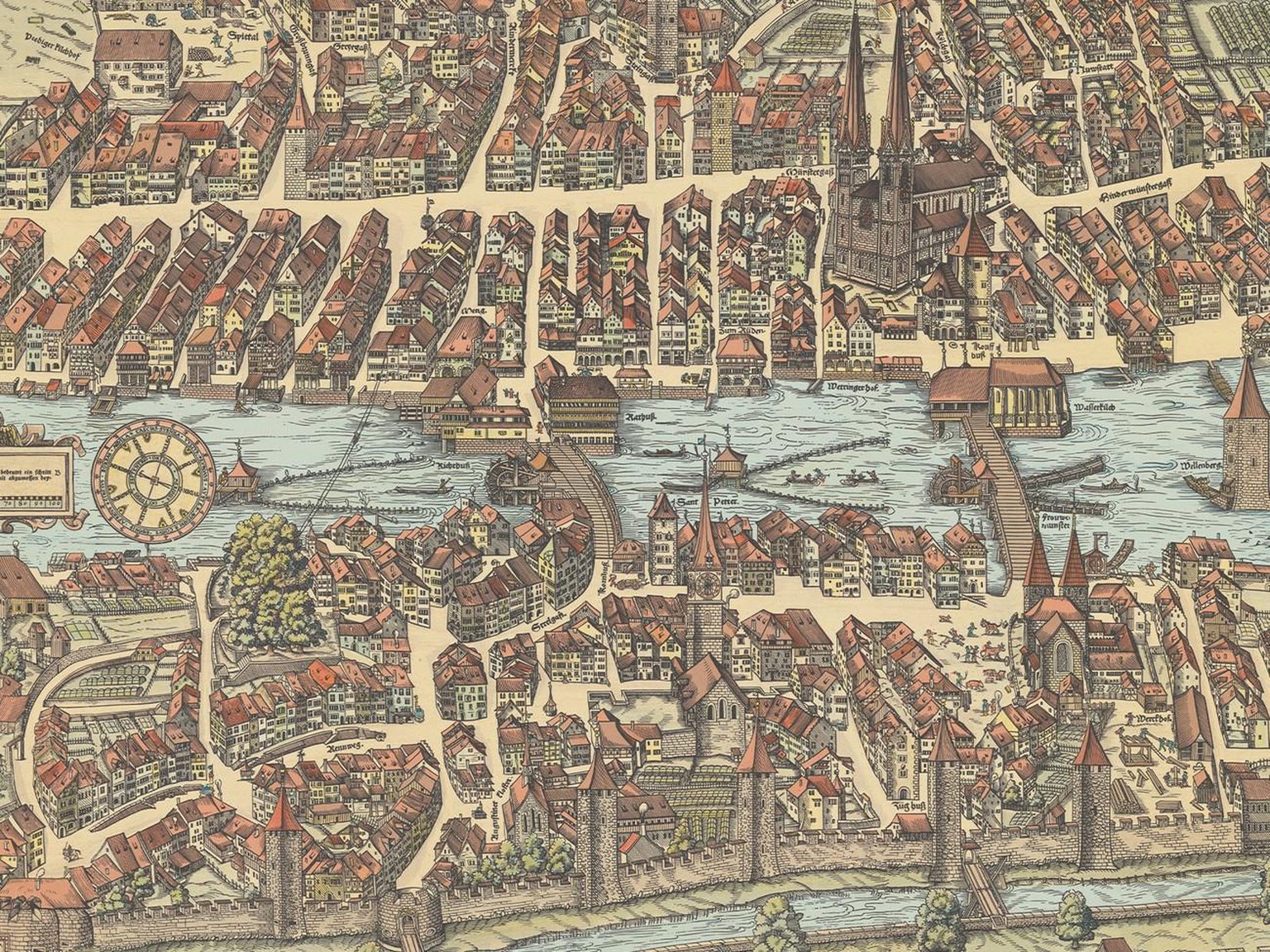 Ansicht der Stadt Zürich um 1576, sogenannter Murerplan des Zürcher Kartografs Jos Murer, koloriert.
https://www.e-rara.ch/zuz/content/zoom/24578307