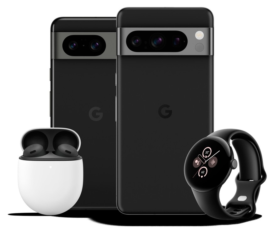 Das Google Pixel 8 (Hochglanz-Schwarz) und das grössere Pixel 8 Pro (Mattschwarz).