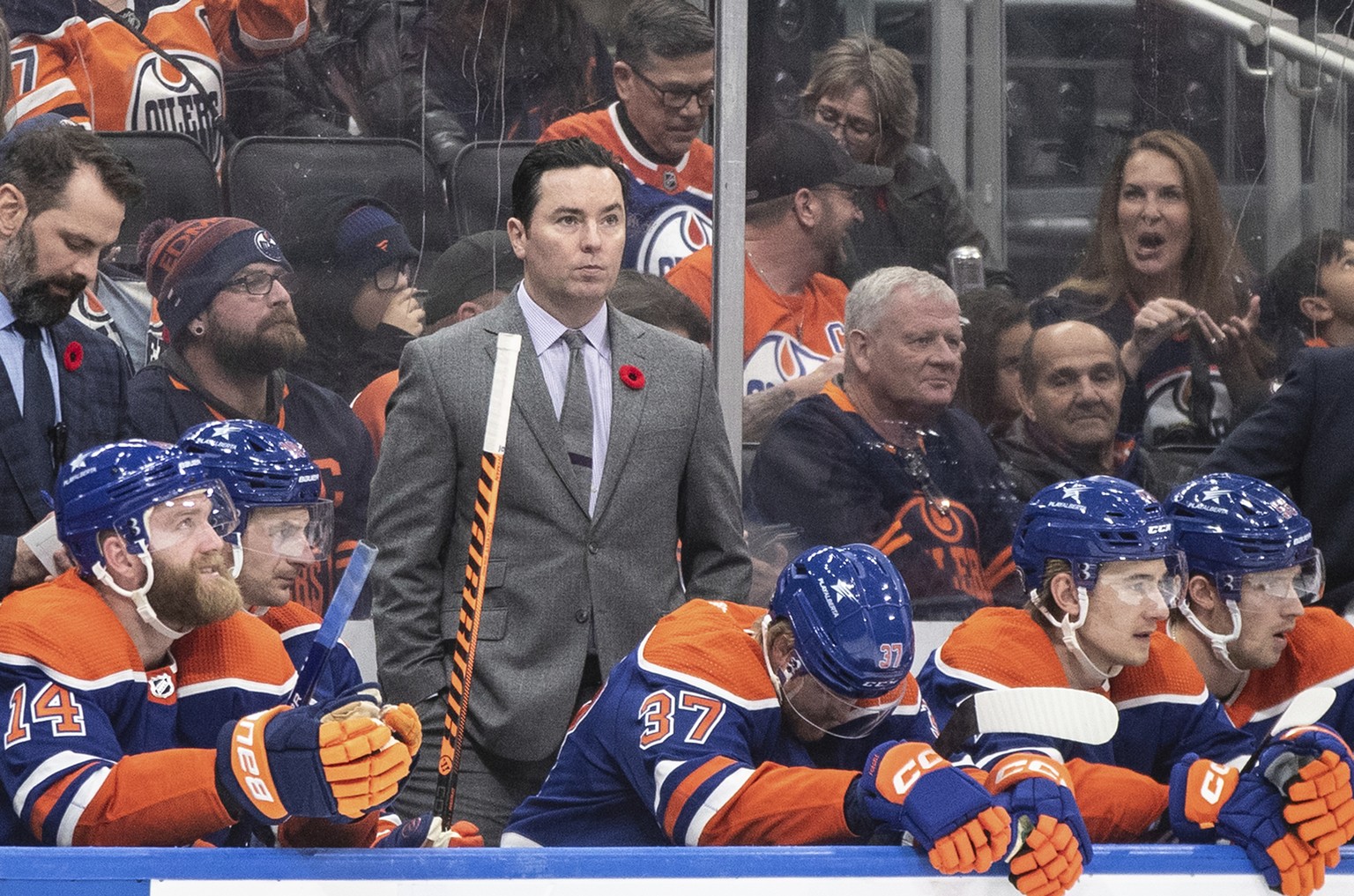 Edmonton Oilers head coach Jay Woodcroft watches from the bench during the third period of an NHL game against the Nashville Predators in Edmonton, Alberta, Saturday, Nov. 4, 2023. (Jason Franson/The  ...
