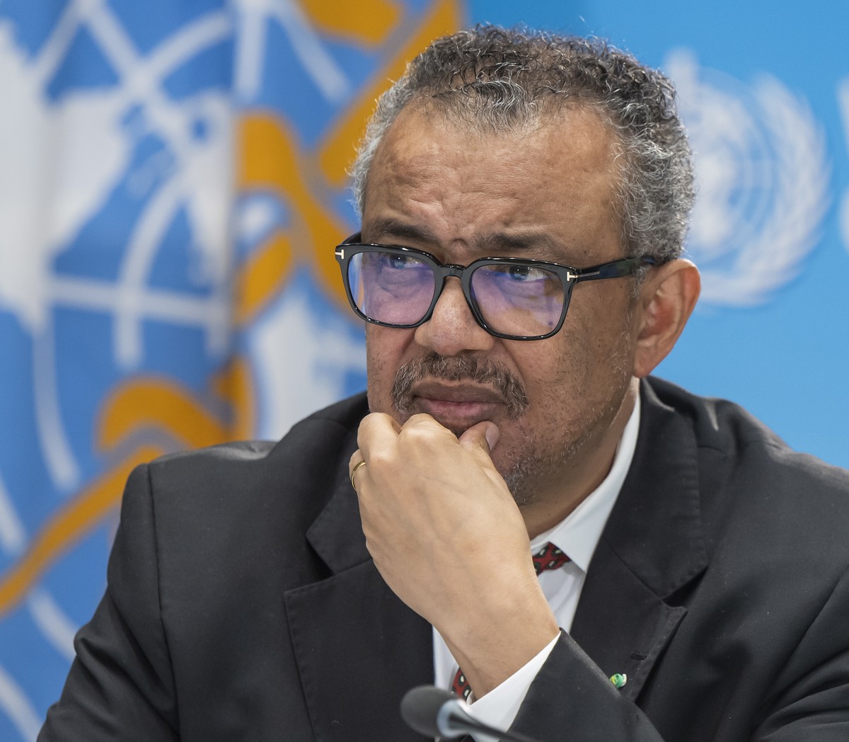 epa10561541 Director General of the World Health Organization (WHO) Tedros Adhanom Ghebreyesus speaks to journalists during a press conference about the Global WHO on World Health Day and the organiza ...