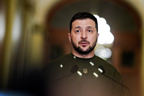 December 21, 2022, Washington, District of Columbia, USA: President VOLODYMYR ZELENSKY of Ukraine speaks during a meeting with Speaker of the US House of Representatives Nancy Pelosi Democrat…
