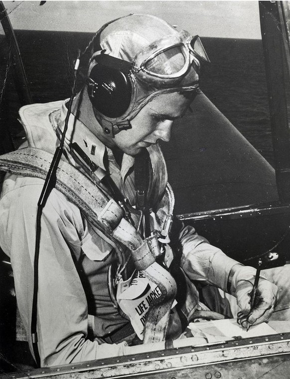 George H. W. Bush in his Grumman TBM Avenger aboard USS San Jacinto in 1944. 
https://en.wikipedia.org/wiki/George_H._W._Bush#/media/File:George_H.W._Bush_seated_in_a_Grumman_TBM_Avenger,_circa_1944_( ...