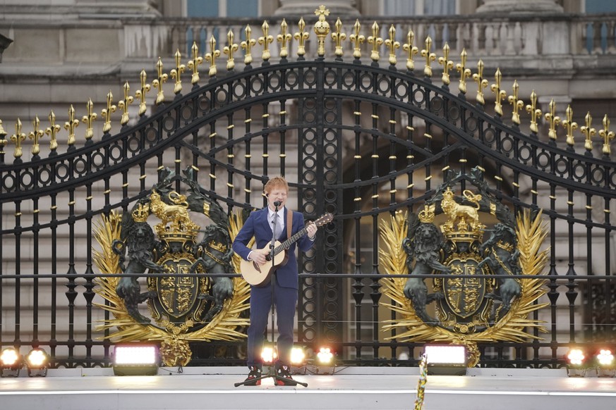 Ed Sheeran performs during the Platinum Jubilee Pageant outside Buckingham Palace in London, Sunday June 5, 2022, on the last of four days of celebrations to mark the Platinum Jubilee. The pageant wil ...