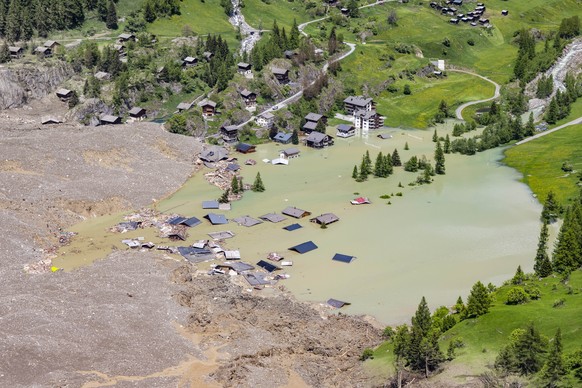 epa12143140 An aerial view shows the destruction of Blatten village after a massive avalanche triggered by the collapse of the Birch Glacier, Switzerland, 29 May 2025. One person went missing, and num ...