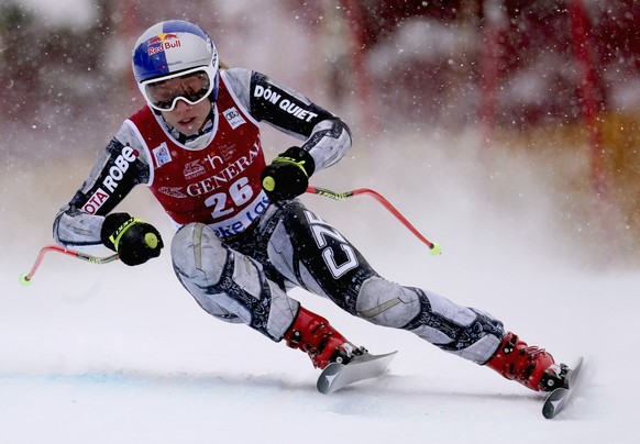 Ester Ledecka, of the Czech Republic, skis down the course during the women&#039;s World Cup downhill ski race in Lake Louise, Alberta, Friday, Dec. 6, 2019. (Frank Gunn/The Canadian Press via AP)