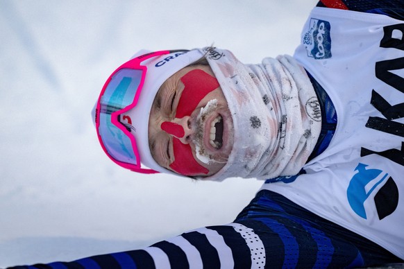 epa11007281 Hugo Lapalus of France reacts after crossing the finish line during the Men&#039;s Interval Start 10.0 km Free race at the FIS Cross Country World Cup in Gallivare, Sweden, 02 December 202 ...