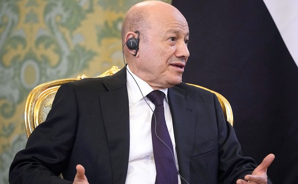 epa12140821 Yemen's Presidential Leadership Council Chairman, Rashad Mohammed Al-Alimi speaks during his meeting with Russian President Vladimir Putin (not pictured) at the Grand Kremlin Palace i ...