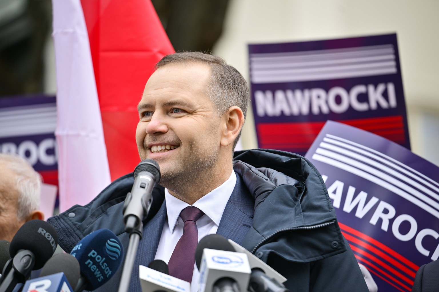epa12074739 Karol Nawrocki, head of the Institute of National Remembrance (IPN) and candidate in the 2025 presidential elections, attends a meeting with local residents in Wegrow, eastern Poland, 05 M ...