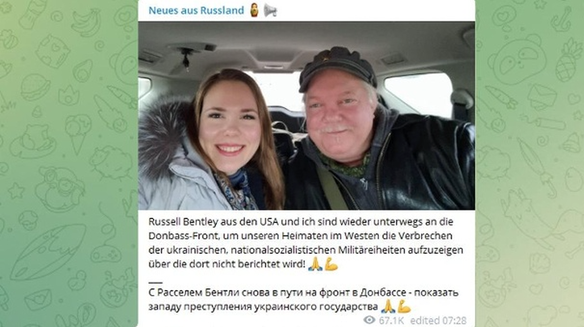 Verstärkung: Russel "Texas" Bentley kam zum Kämpfen als Sniper in den Donbass und sieht sich jetzt jetzt Infokrieger. Alina Lipp reist mit ihm in Kampfgebiete.