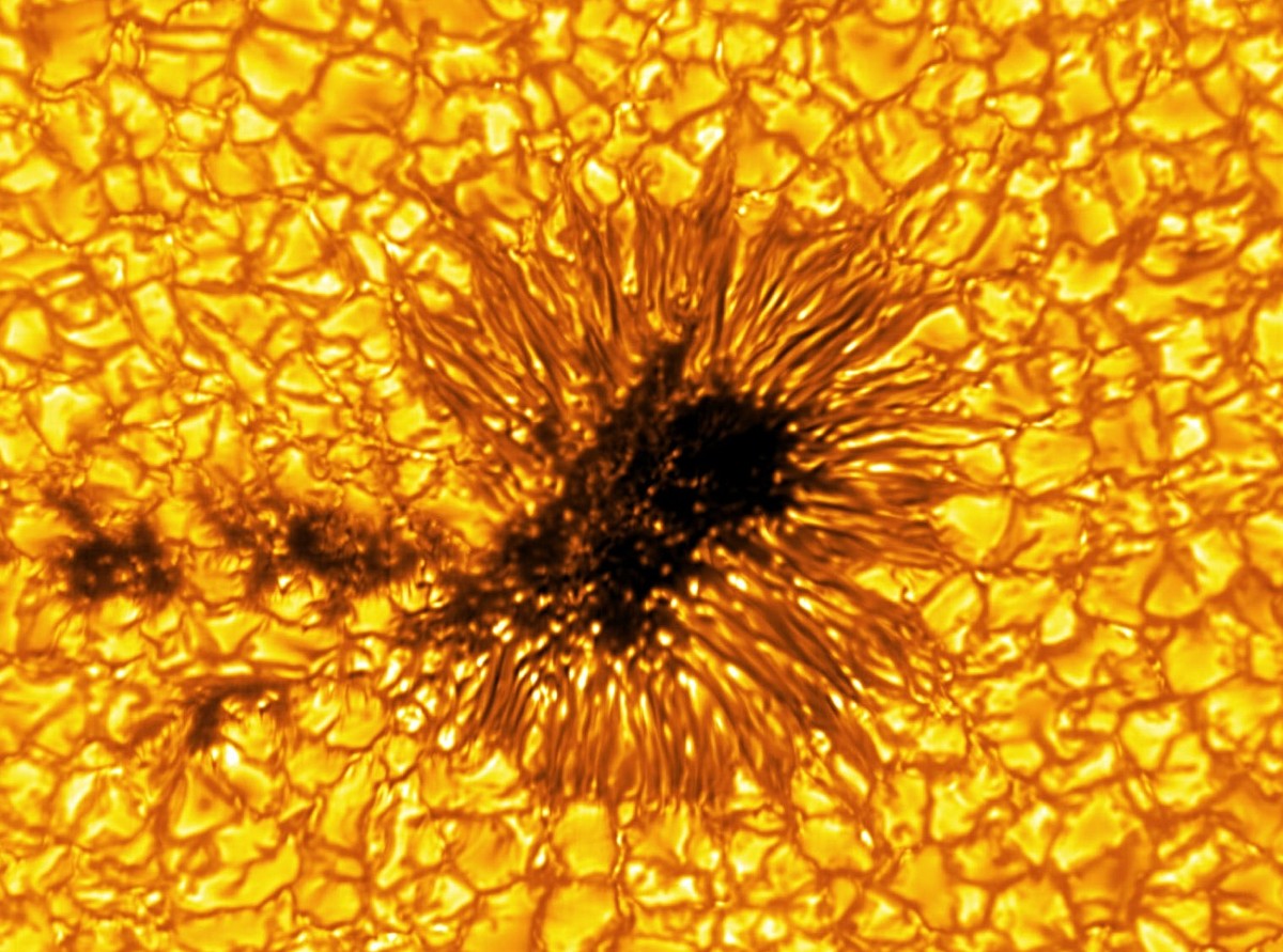 Ein Sonnenfleck ist an seinem dunklen Kernschatten (Umbra) – wo das Magnetfeld am stärksten ist – und der ihn umgebenden, fadenförmig strukturierten Halbschattenzone (Penumbra) zu erkennen. Bei nähere ...