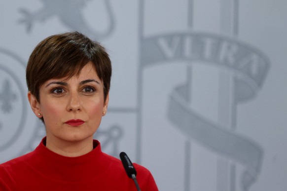 epa10411046 Isabel Rodriguez, Spain���s Minister for Territorial Policy and Government Spokesperson, addresses a press conference following a cabinet meeting held at La Moncloa Palace in Madrid, Spain ...