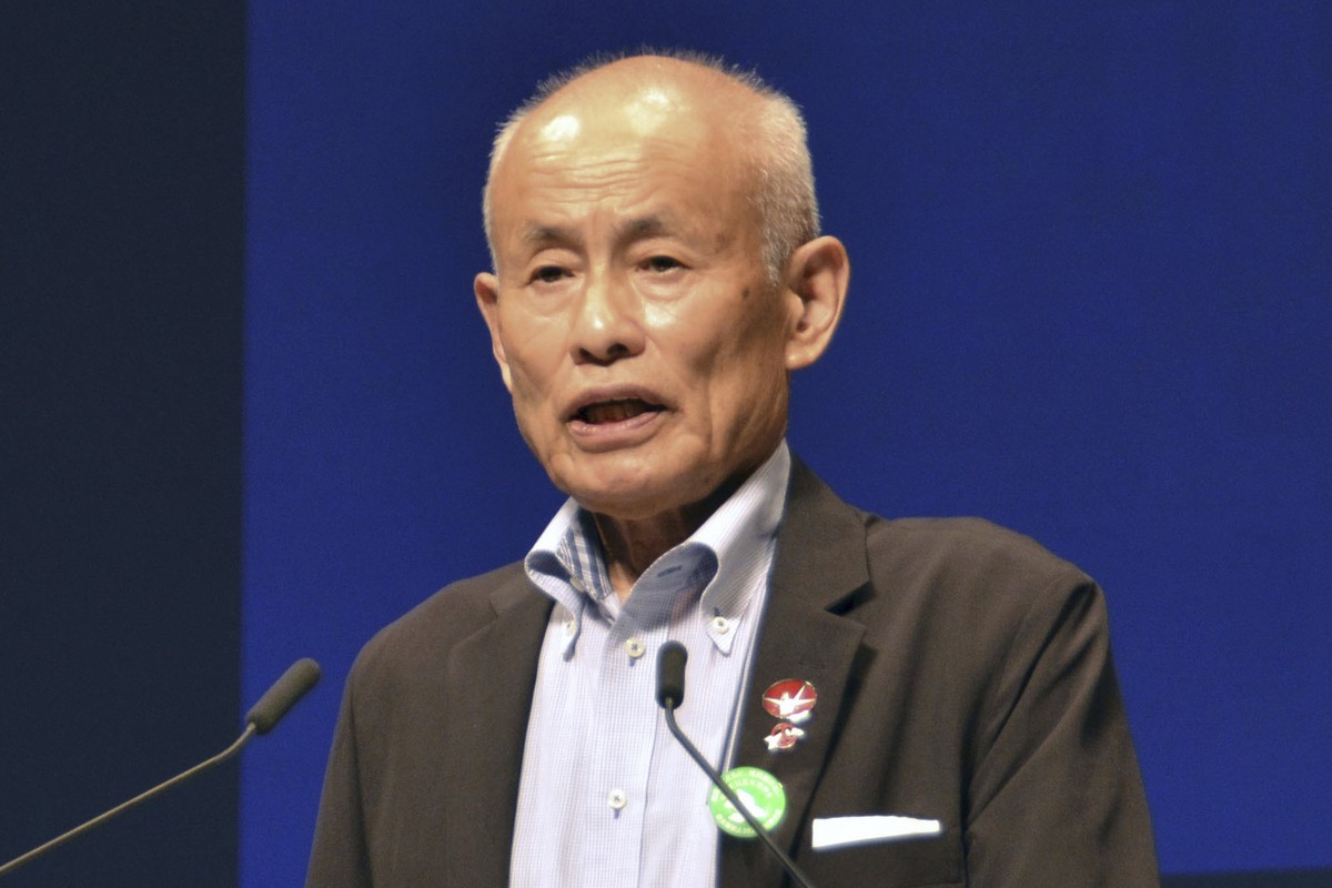 Tomoyuki Minomaki, president of Nihon Hidankyo, or the Japan Confederation of A- and H-Bomb Sufferers Organizations, speaks in an anti-atomic bomb meeting in Hiroshima, Japan, Aug. 4, 2022. Ninon Hida ...