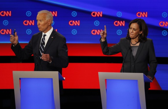 FILE - In this July 31, 2019, file photo, then-Democratic presidential candidate Sen. Kamala Harris, D-Calif., and Democratic presidential candidate former Vice President Joe Biden participate in the  ...
