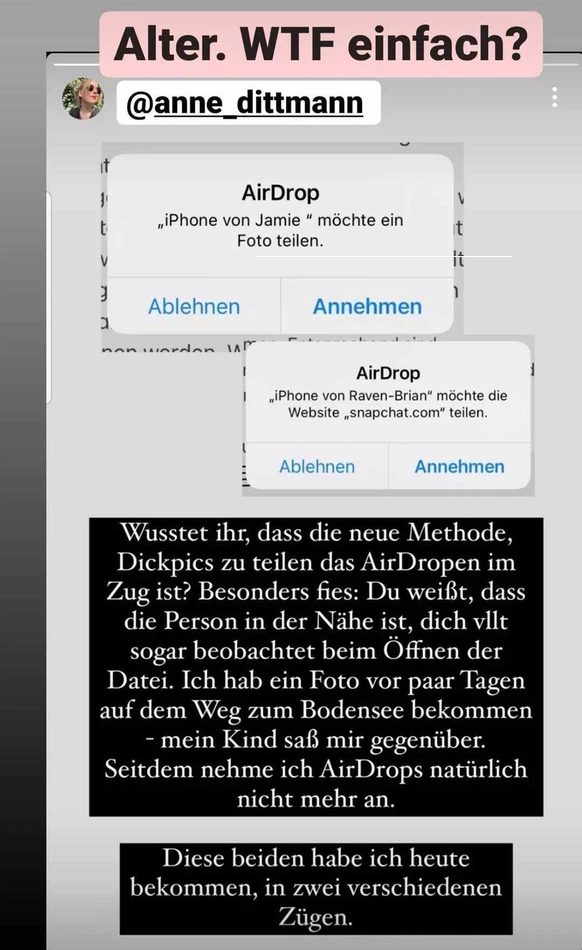 Ein Fremder versuchte Penisbilder mit der Journalistin und Autorin Anne Dittmann zu teilen.