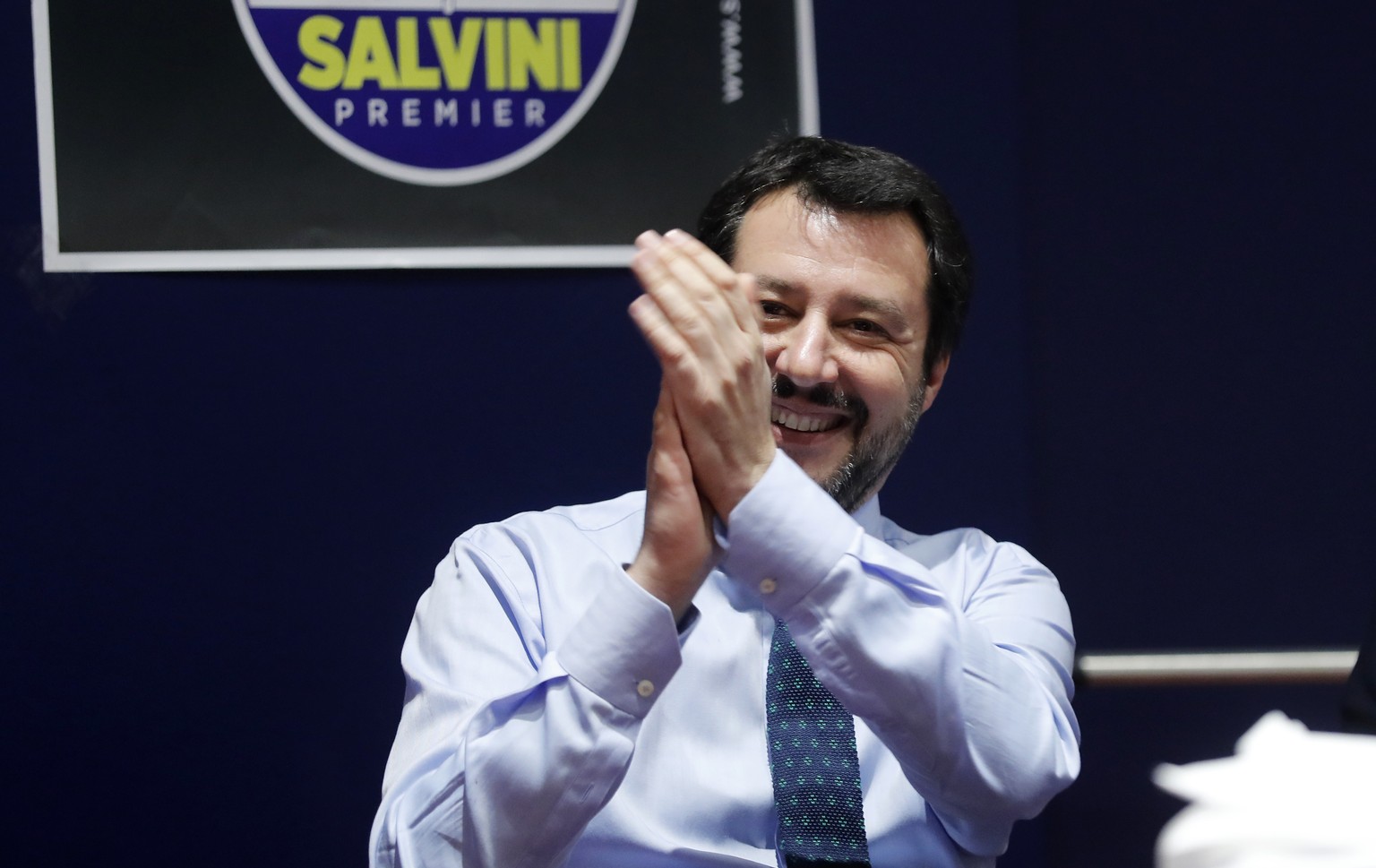 Leader of The League party Matteo Salvini smiles prior to an electoral rally in Milan, Italy, Friday, March 2, 2018. Italians will vote in general elections Sunday. (AP Photo/Antonio Calanni)