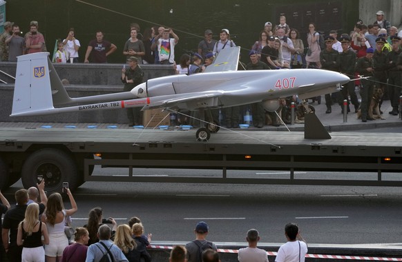 A Turkish-made Bayraktar TB2 drone is seen during a rehearsal of a military parade dedicated to Independence Day in Kyiv, Ukraine, Friday, Aug. 20, 2021. Ukraine will mark the 30th anniversary of its  ...