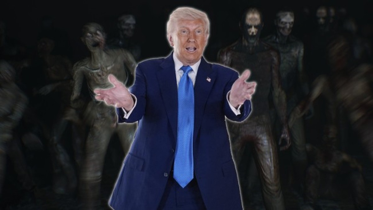 Scary rotting zombies are looking at you, zombie apocalypse horror. red tones, volumetric light, hand-held camera. 3D Illustration