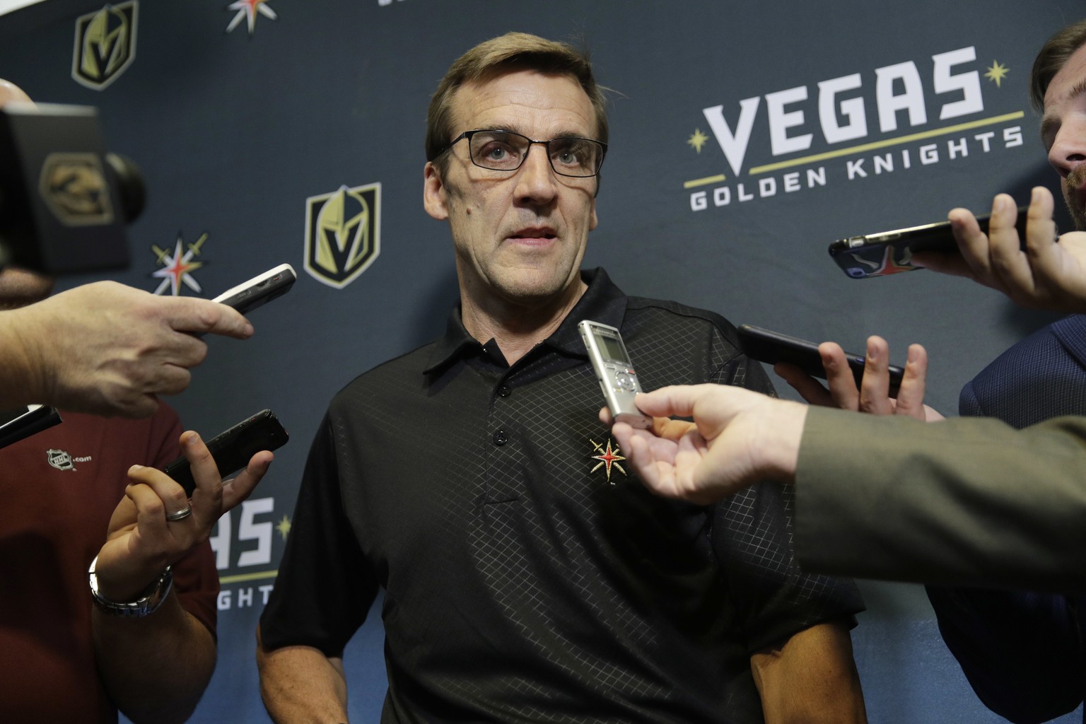 FILE - In this June 19, 2017, file photo, Vegas Golden Knights General Manager George McPhee speaks during a news conference in Las Vegas. While the expansion draft gets most of the attention in attem ...
